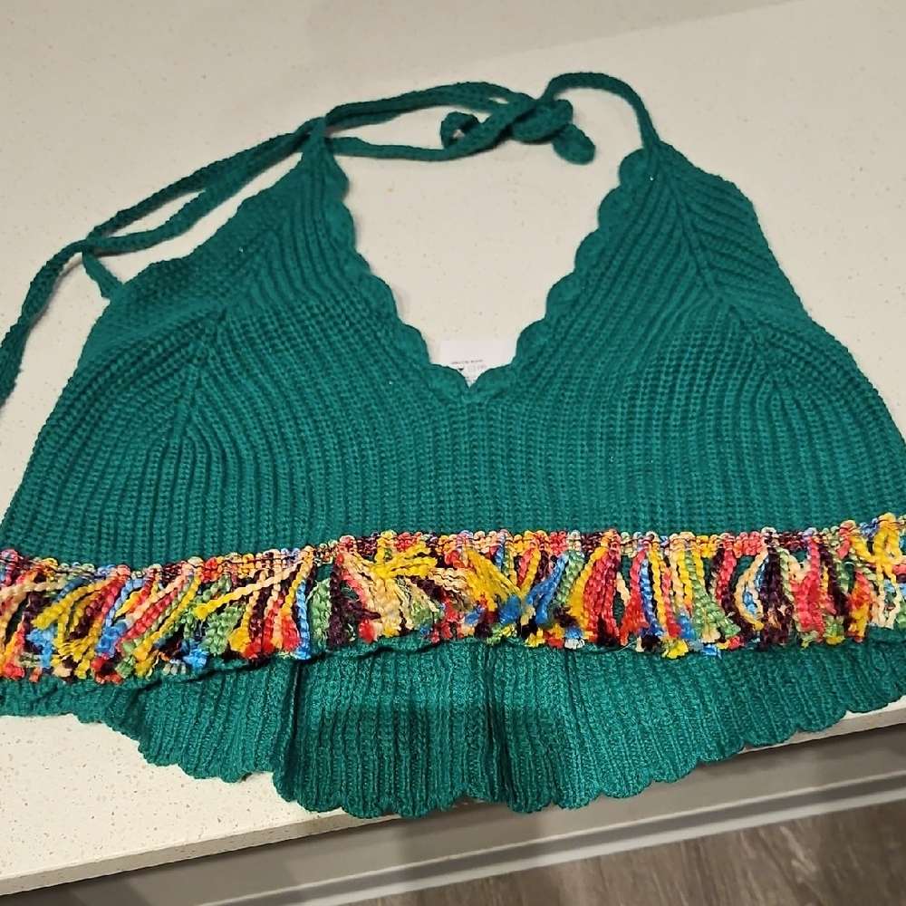 Teal Knit Halter Top with Multicolor Fringe